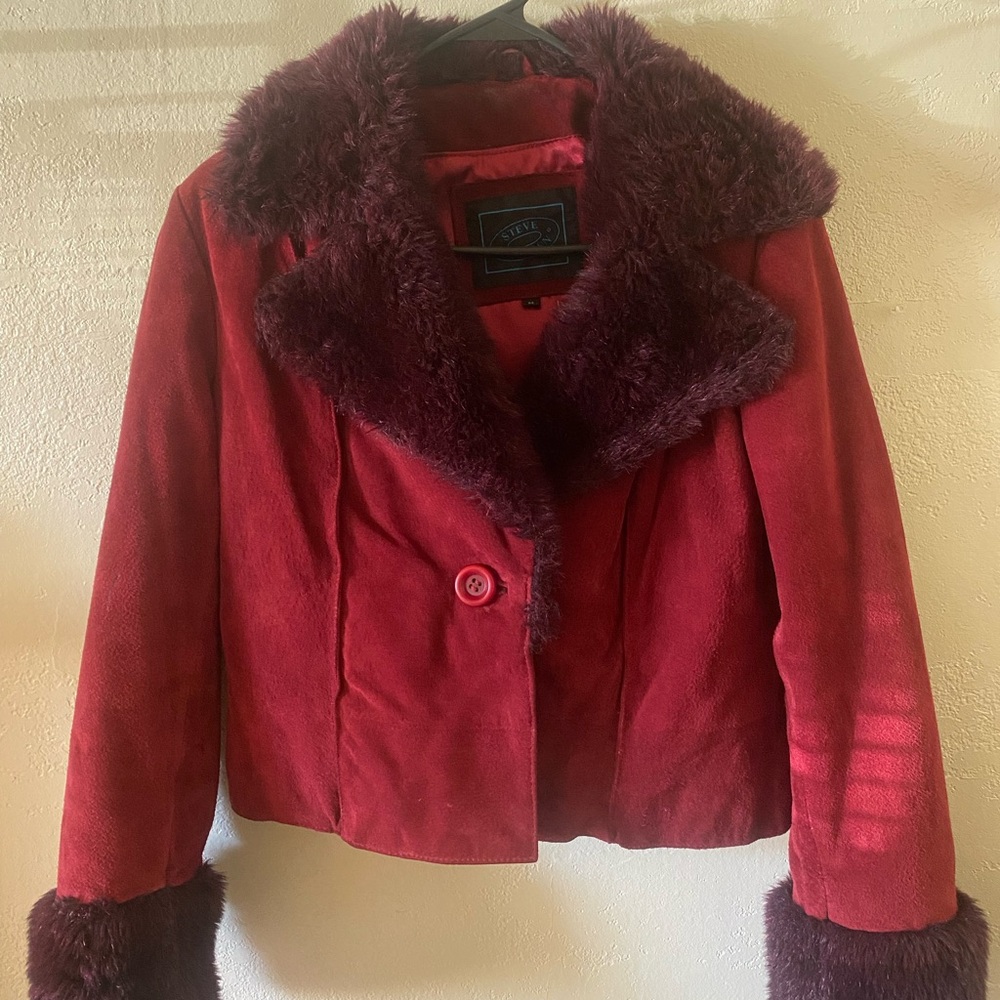 Women's Red leather coat with Faux Fur Trim Jacket